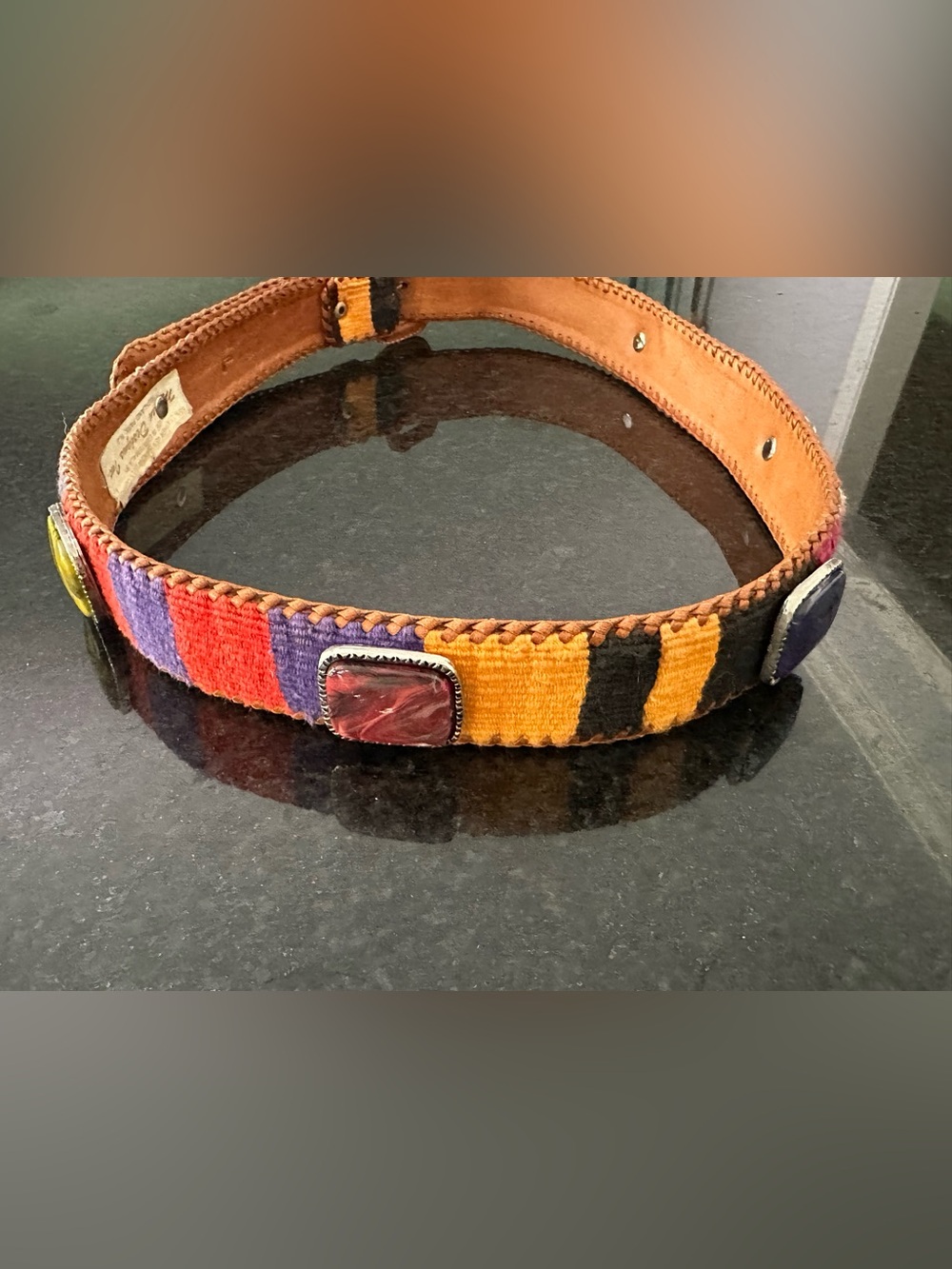 Handwoven Multicolor Leather Belt with Decorative Gem Accents